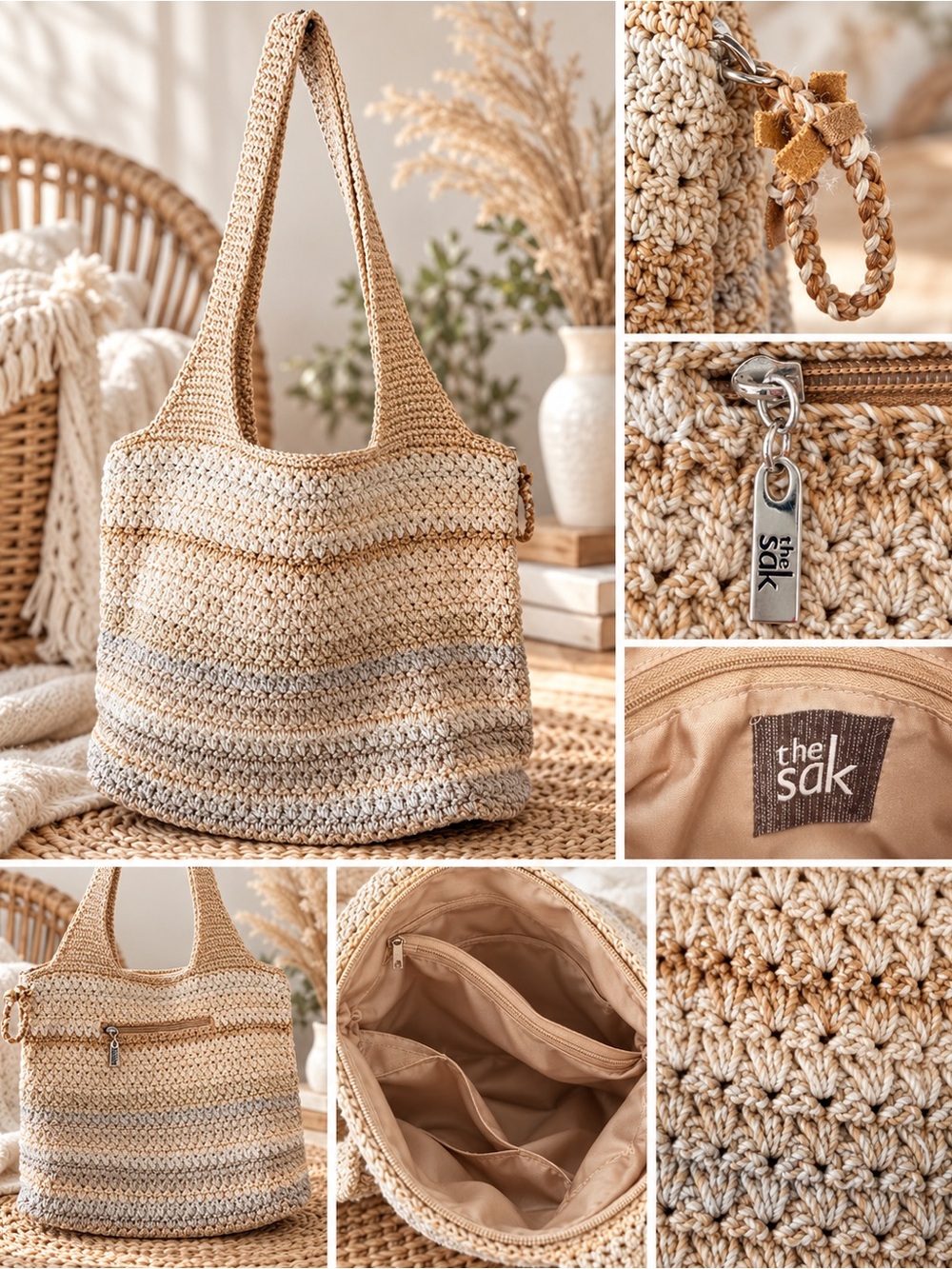 The Sak Crochet Shoulder Tote in Beige, Cream and Light Gray